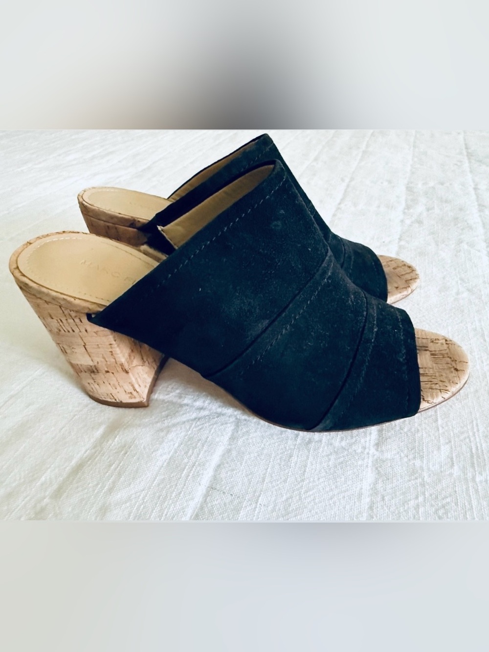 Marc Fisher Prenna Black Suede Open Toe Cork High Heel Slip-On Mule Sandals 9M